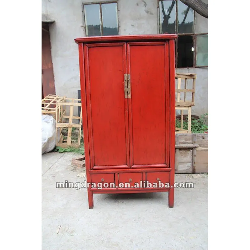 two door three drawer red cabinet