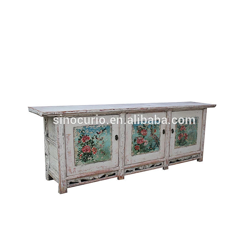 Chinese antique living room furniture painted console cabinets bleached white sideboard buffet