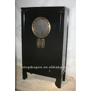 Chinese antique furniture pine wood black two door two drawer wardrobe