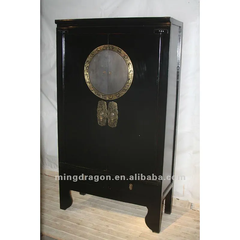 Chinese antique furniture pine wood black two door two drawer wardrobe