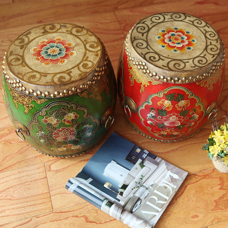Asian antique lacquered drum classic hand painted art drum coffee table