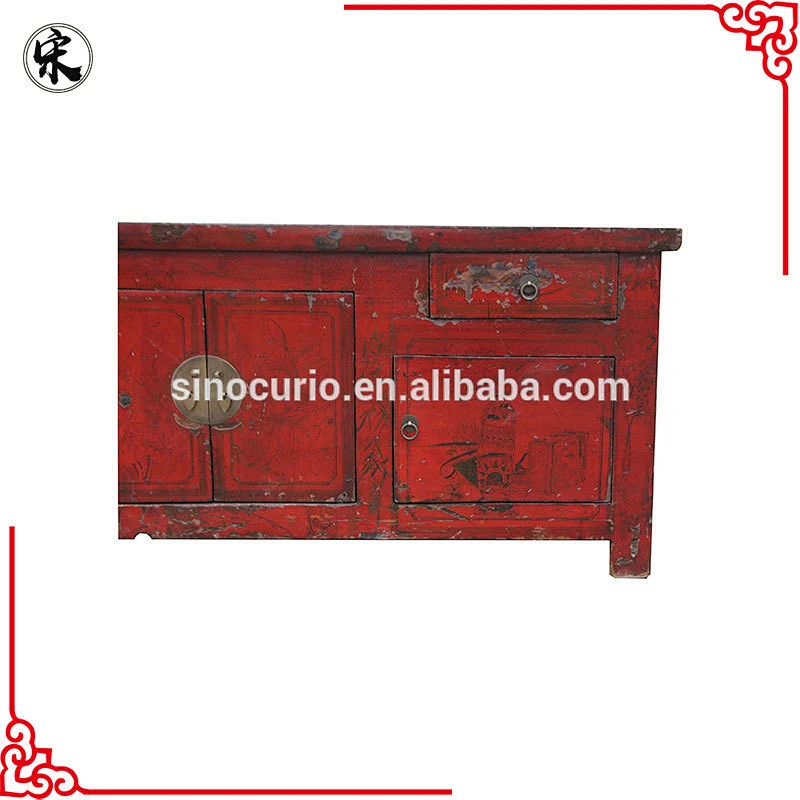 antique old classical living room red rustic hand-painted TV cabinet
