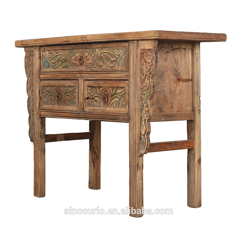 Chinese antique style wood hand carved console table with storage drawers