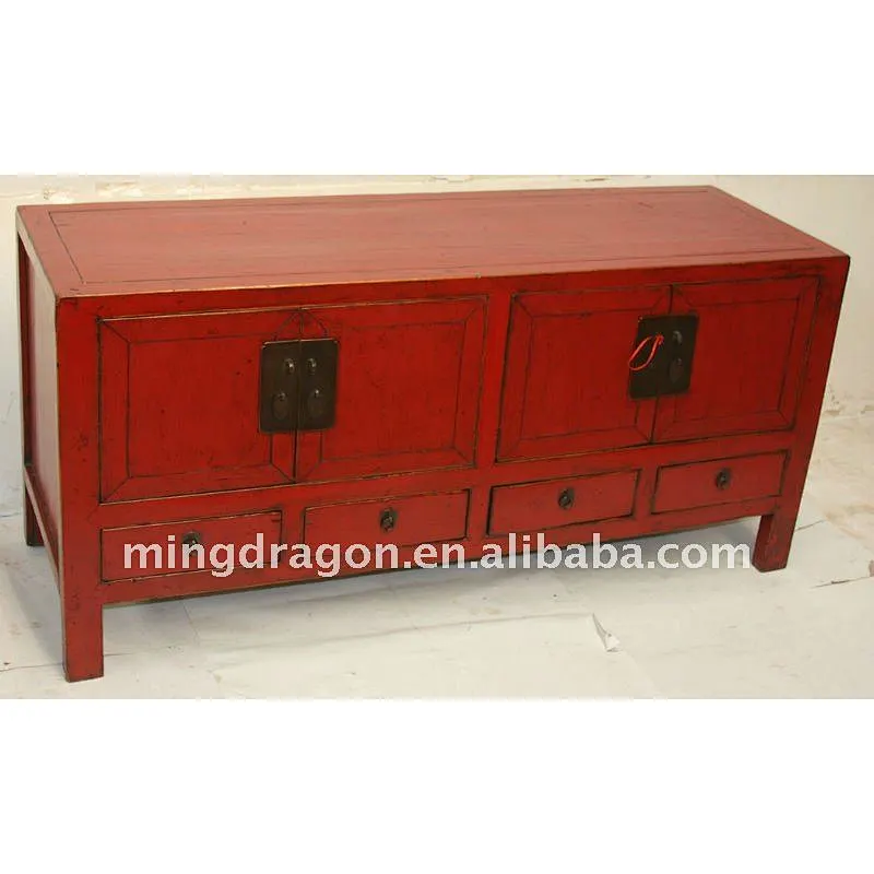 Chinese Antique Red Colour Kang Cabinet With Four Drawer Four Door 138*46*65cm