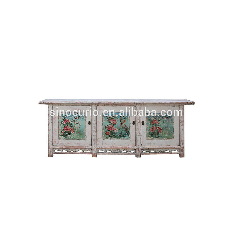 Chinese antique living room furniture painted console cabinets bleached white sideboard buffet