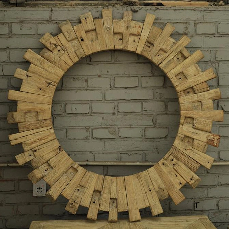 classic antique wood color round mirror frame