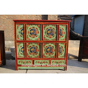Tibetan Antique Hand Painting Side Table Solid Wood Cabinet