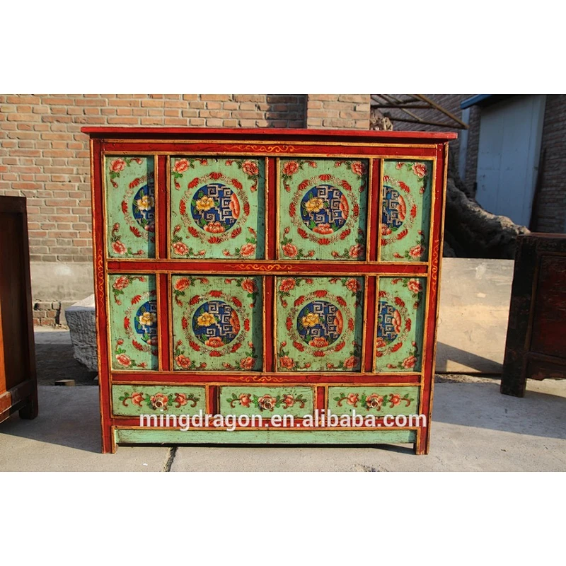 Tibetan Antique Hand Painting Side Table Solid Wood Cabinet