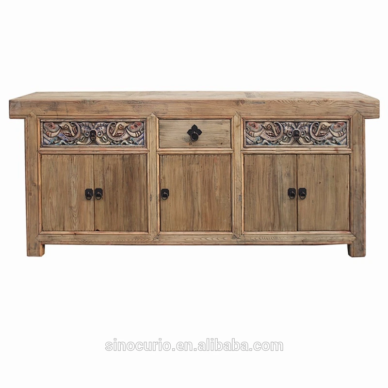 Antique wooden waxed finish living room storage cabinet furniture