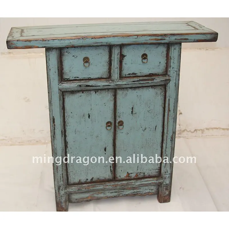 Chinese Antique Gray Blue Small Cabinet With Two Door Two Drawer 92*30*91CM