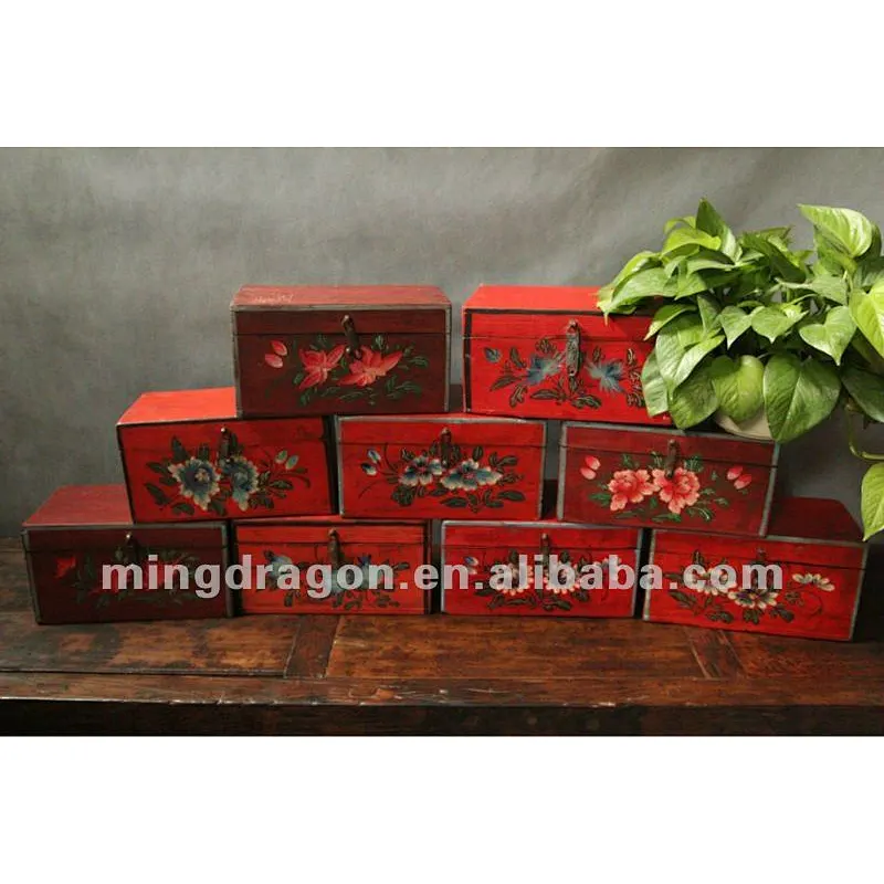 Chinese antique furniture red pine wood painting box