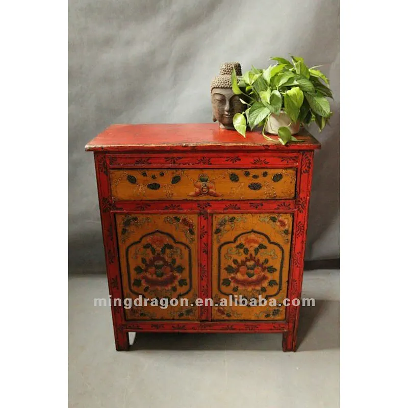 Chinese antique furniture red& orange double door one drawer pine wood Tibet cabinet