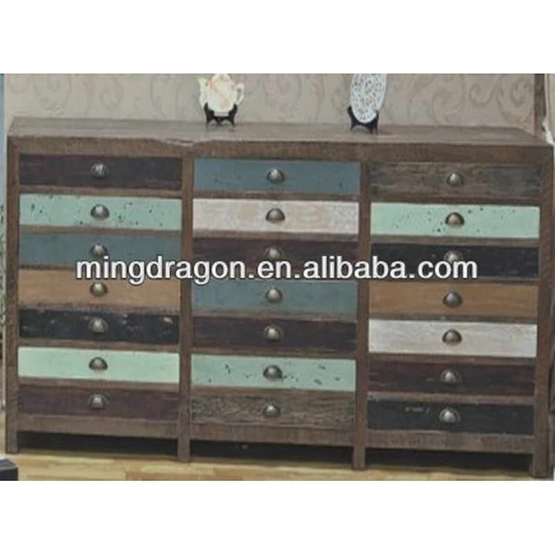 Chinese Antique Distressed Reclaimed Shanxi Elm Wood Colorful Drawers Sideboard Cabinet