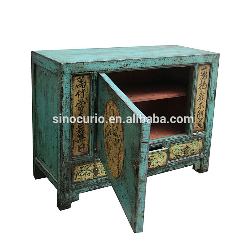 Distressed painted Mongolian antique one door three drawer sideboard chest