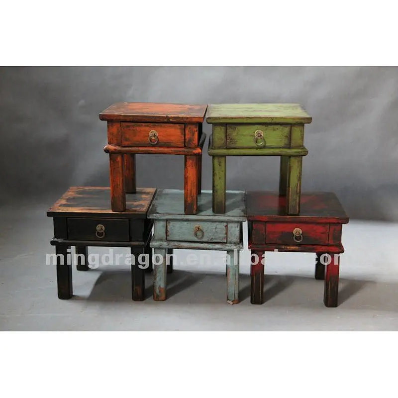 Chinese antique furniture pine wood Shanxi red/orange/black/green/blue colorful one drawer stool