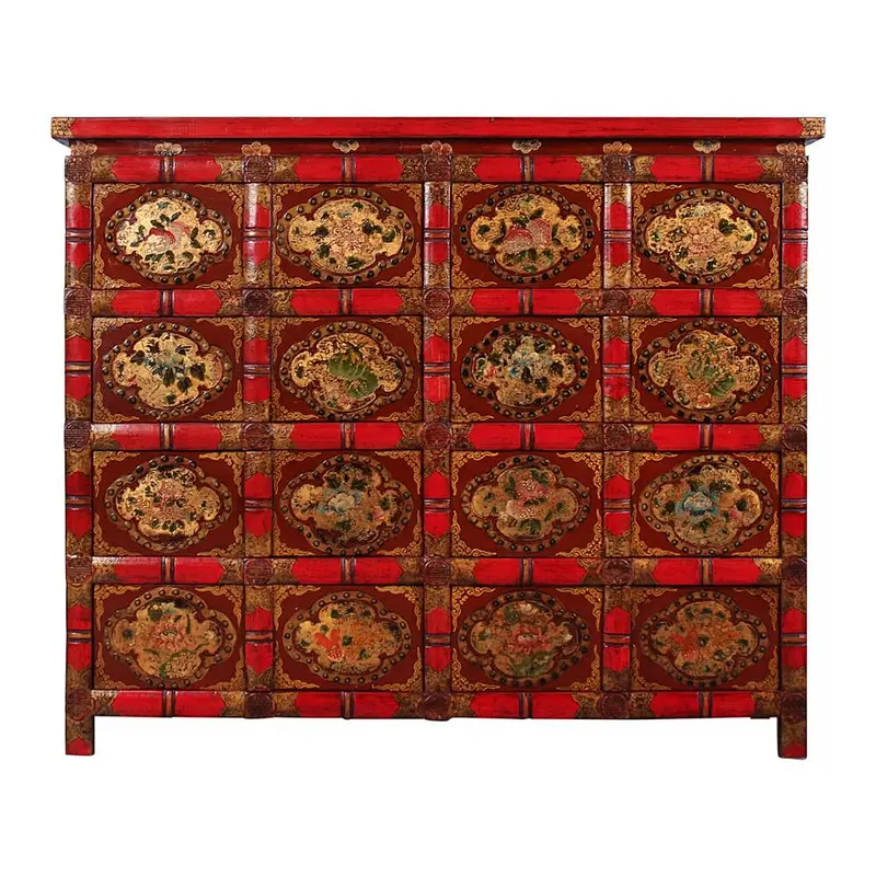 Chinese Antique Hand Painted Furniture Tibetan Medicine Cabinet
