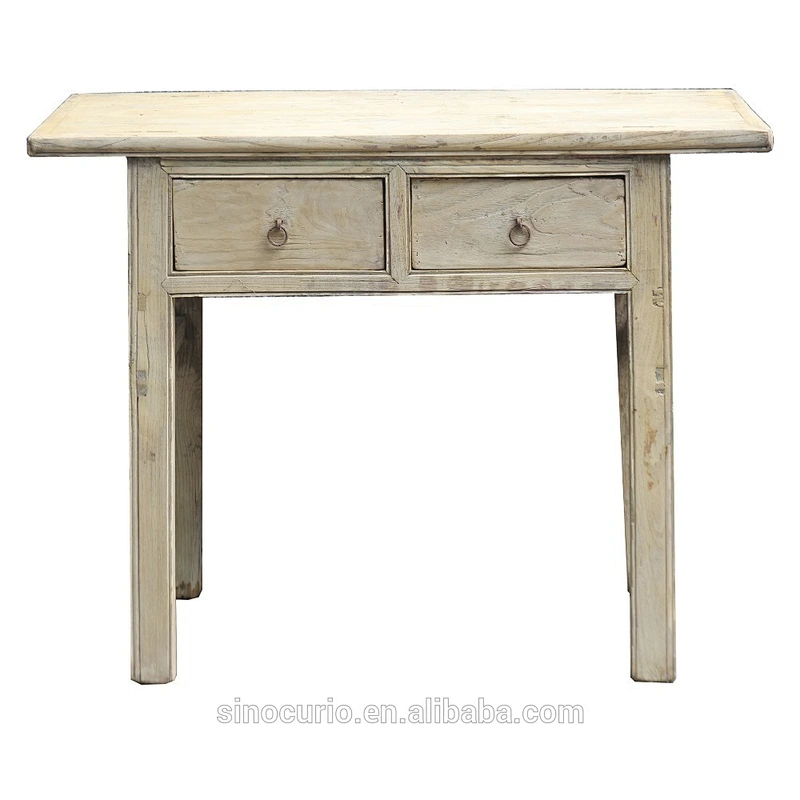 Chinese vintage distressed wood antique natural console table with two drawers