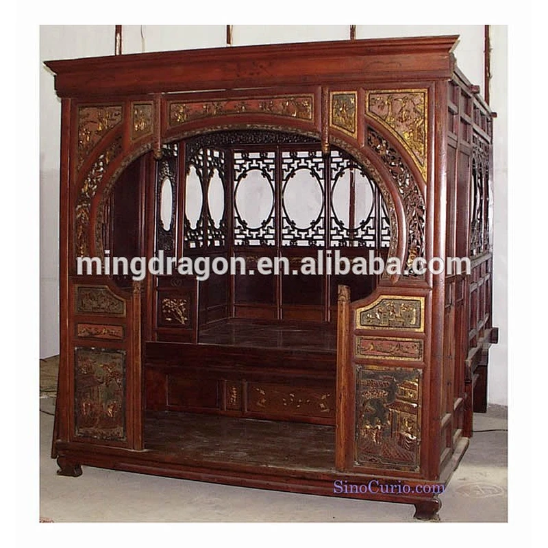 Chinese antique carved wooded wedding roses bed