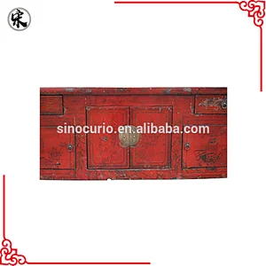 antique old classical living room red rustic hand-painted TV cabinet