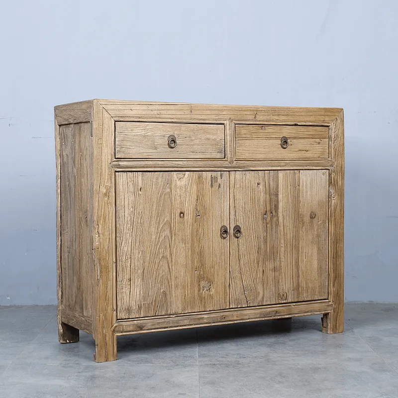 Antique traditional distressed natural reclaimed wood sideboard cabinet