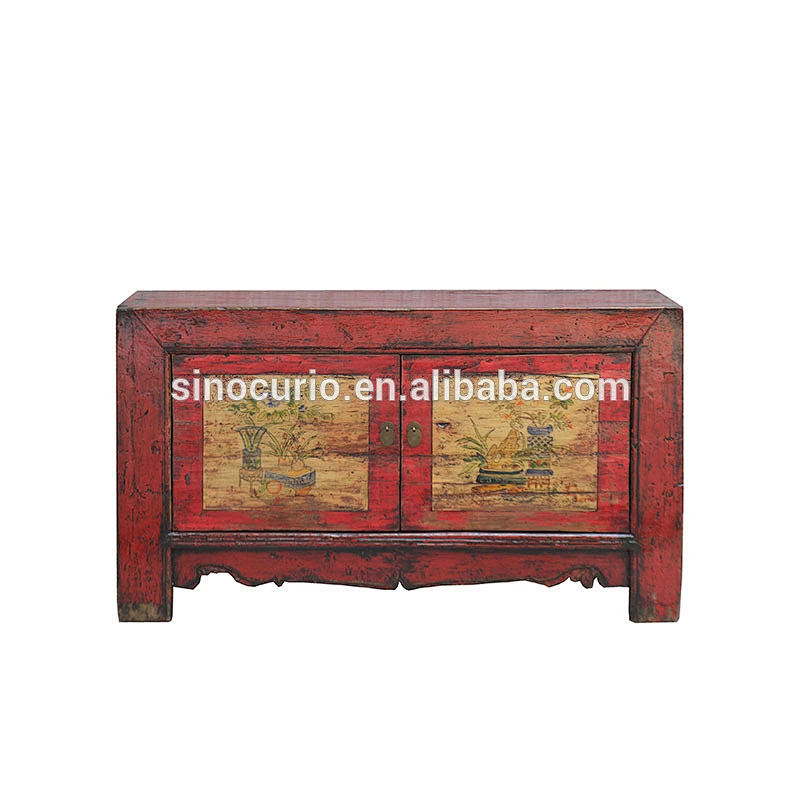 beijing wholesale rustic reclaimed wood furniture red Chinese painted antique sideboard cabinet