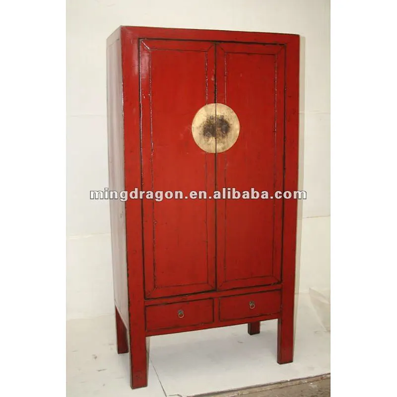 antique Chinese two door two drawer red lacquer wedding wardrobe