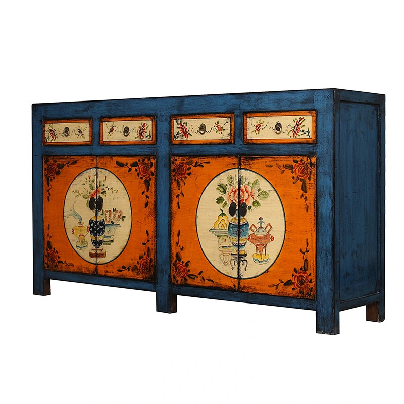 Wholesale Chinese solid wood reproduction hand painted floral cabinet furniture