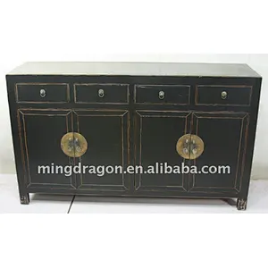 Chinese Antique Style Jilin Black Four Door Four Drawer Cabinet