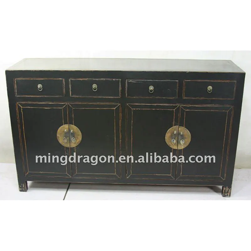 Chinese Antique Style Jilin Black Four Door Four Drawer Cabinet