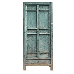 Antique Chinese 18th Century Hand Painted Wardrobe Blue Color Heavy Distressed Wedding Wardrobe