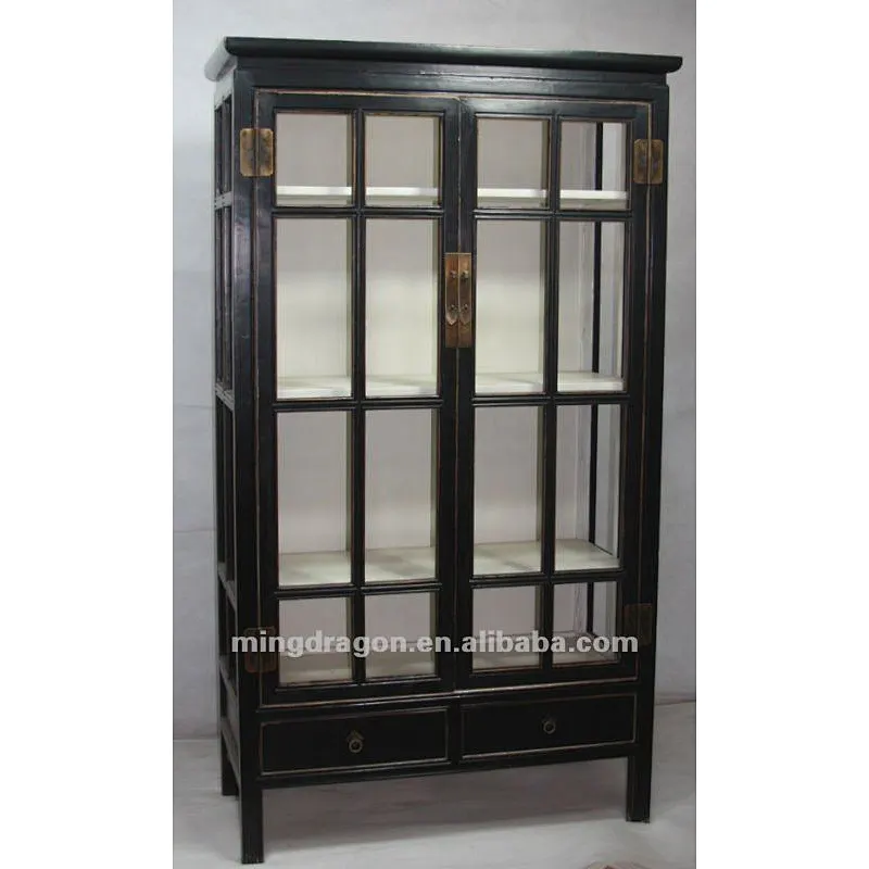 Chinese antique furniture Beijing modern glass pine wood Black Two Drawer Two Door Cabinet