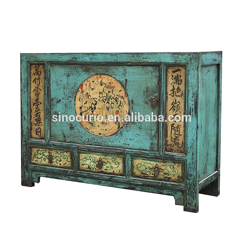 Distressed painted Mongolian antique one door three drawer sideboard chest