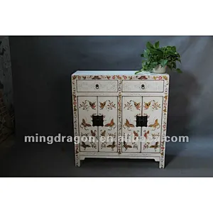Chinese antique furniture pine wood White & golden four door two drawer painting butterfly cabinet