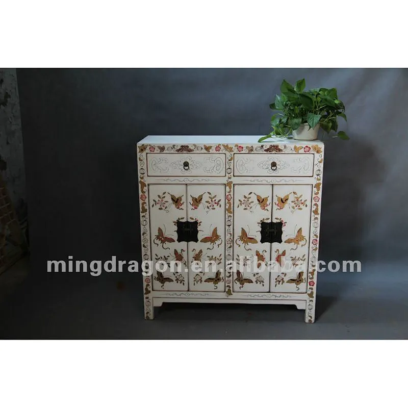 Chinese antique furniture pine wood White & golden four door two drawer painting butterfly cabinet