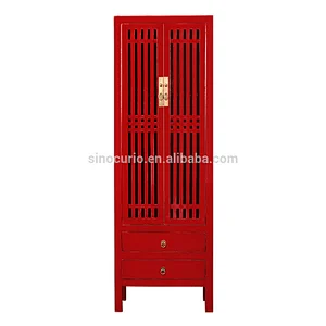 Chinese antique wood tall thin colorful storage closet wardrobe