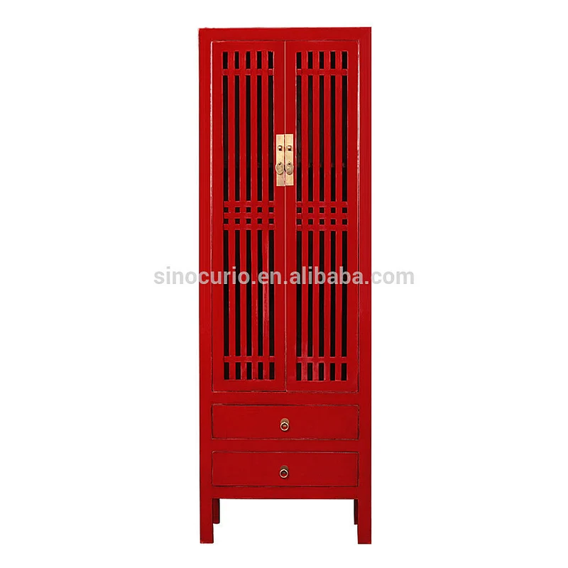 Chinese antique wood tall thin colorful storage closet wardrobe