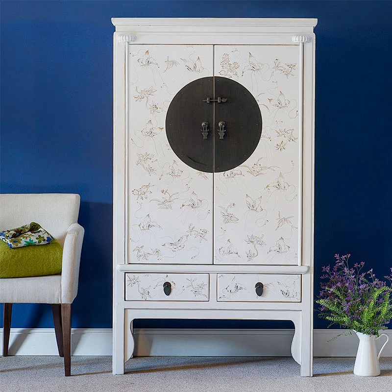 Solid Wood Storage Closet Antique Glossy Lacquered Clothes Cabinet Wardrobe