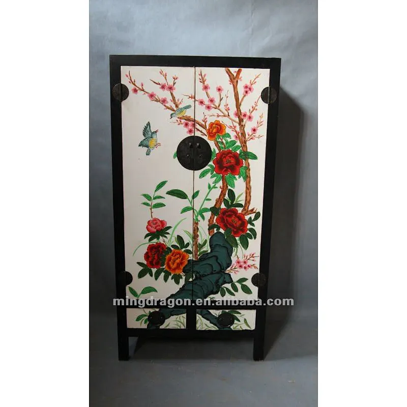 Chinese antique furniture custom-made pine wood Shanxi flower-and-bird painting two door two drawer clothes cabinet