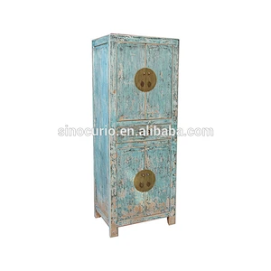 Chinese rustic reproduction bleached blue storage lving room cabinet