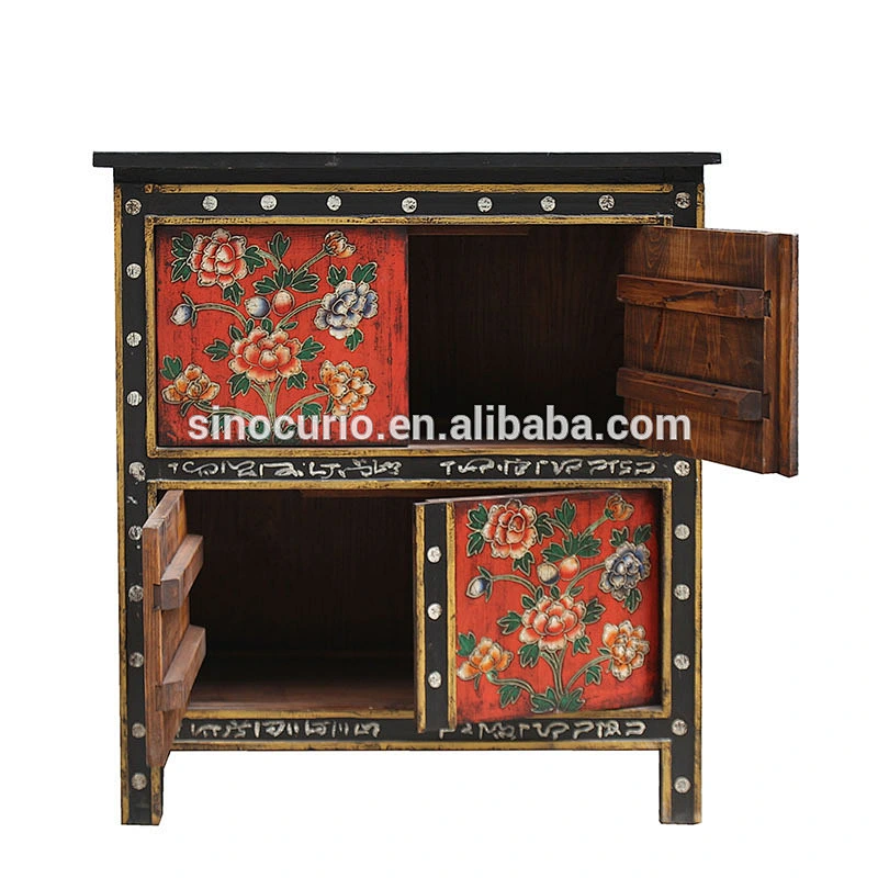 Chinese antique Tibetan furniture hand painted solid wood sideboard chest