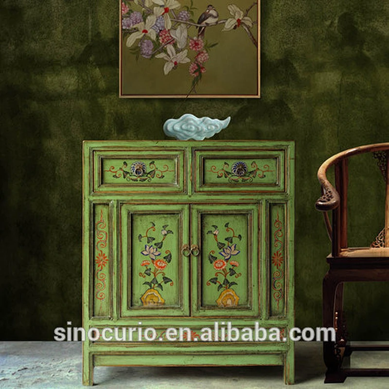 Chinese Antique Vintage Wood Painting Cabinet
