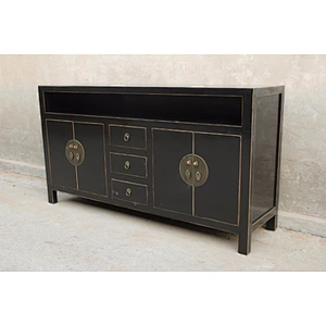 Asian living room distressed black cabinet
