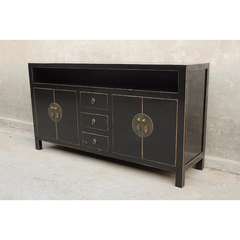 Asian living room distressed black cabinet