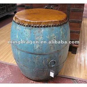 Antique wooden blue coffee table in drum style