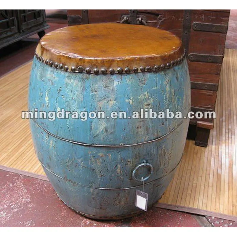 Antique wooden blue coffee table in drum style