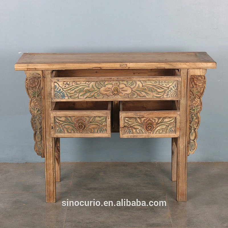 Chinese antique style wood hand carved console table with storage drawers