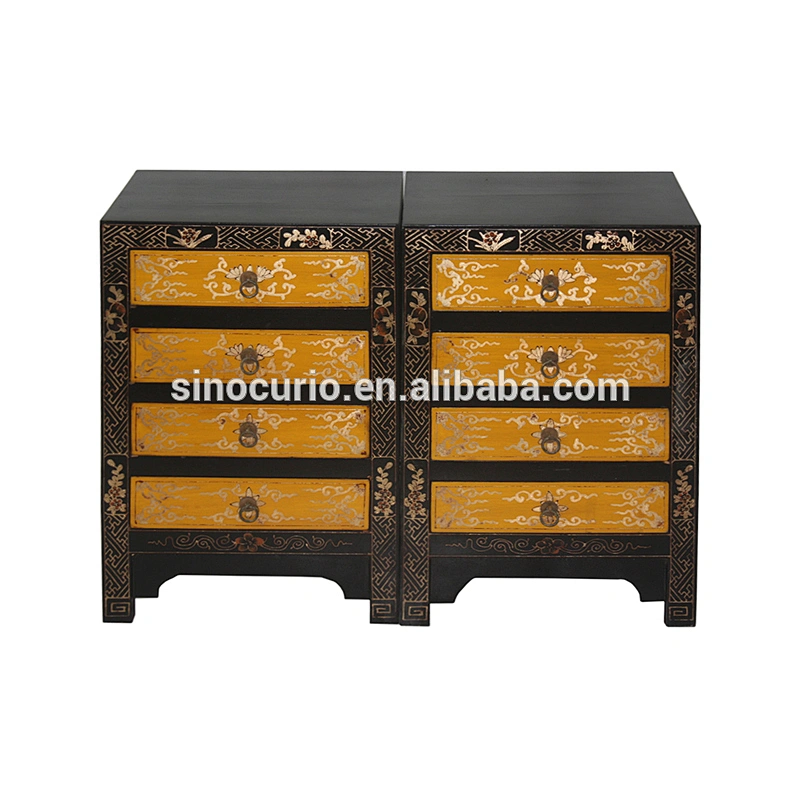 Antique bedroom drawers chest and gold painted bedside table cabinet