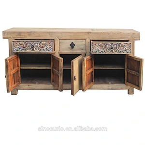 Antique wooden waxed finish living room storage cabinet furniture