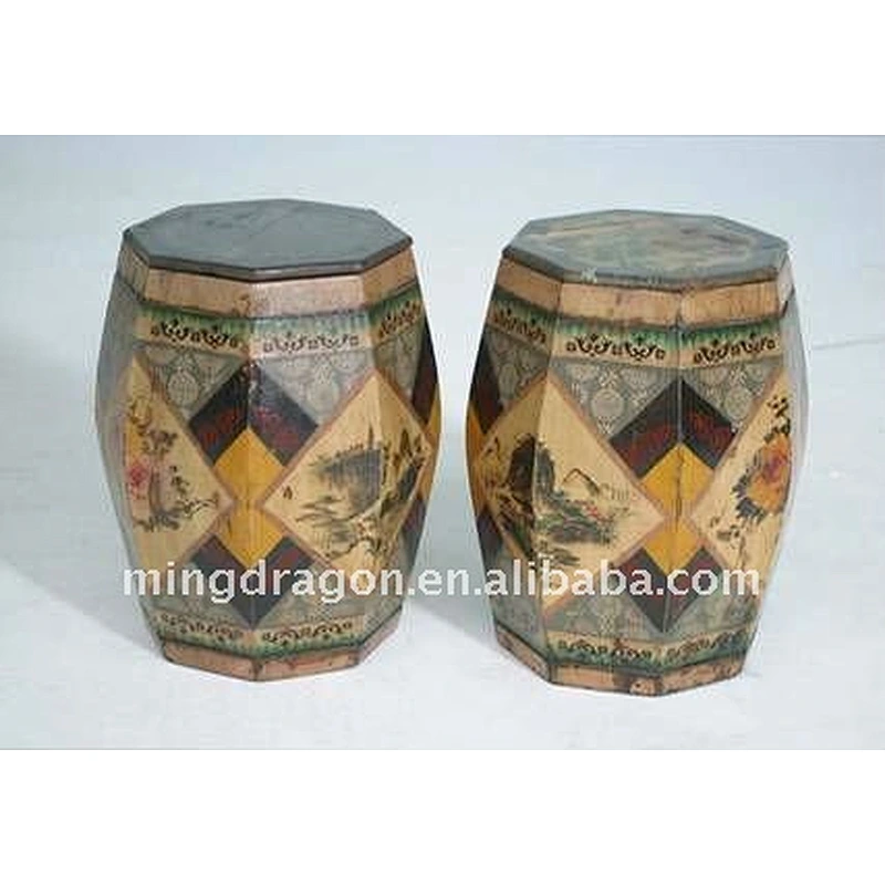 chinese antique wooden painted drum stool