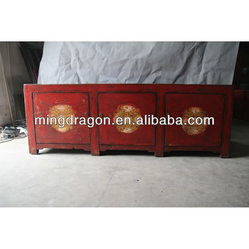Chinese antique living room red drawing TV cabinet